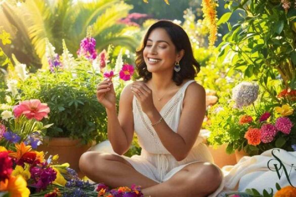 Woman practicing mindful flower arrangement for stress relief